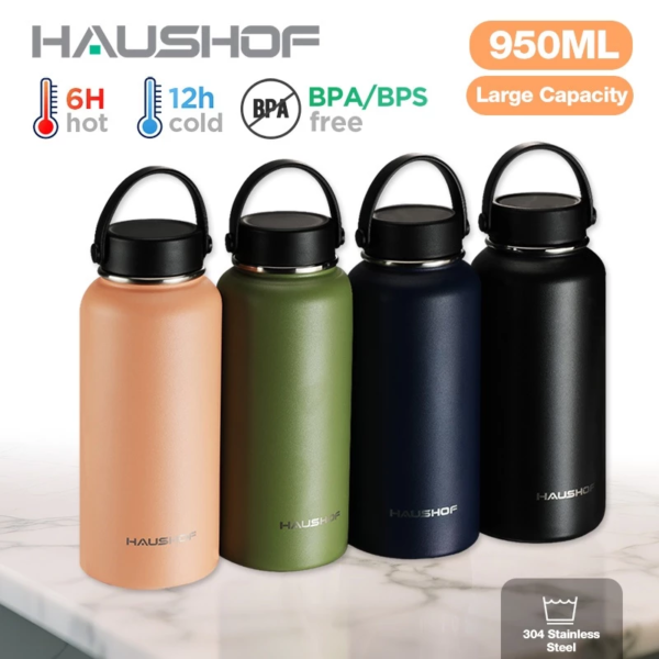 HAUSHOF 950ml/32oz Water Bottle botol air tahan sejuk Double-wall Insulated Vacuum Stainless Steel Tumbler tahan sejuk Large Capacity